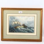 Laurent, watercolour, tall ships on rough seas, signed, 18cm x 28cm, framed