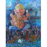 Balavendra, large oil on canvas, Indian composition, inscribed verso, 160cm x 120cm, unframed