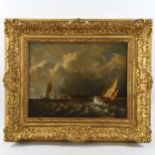 18th/19th century oil on panel, prison hulks off Portsmouth harbour, indistinctly inscribed in