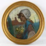 19th/20th century Continental School, coloured pastel portrait of a woman holding a jug, unsigned,