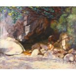 Peter Swan, oil on board, dry river bed, Olu Deniz Turkey 1989, signed and inscribed verso, 50cm x