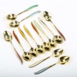 ABSA - a set of 12 Danish vermeil sterling silver and harlequin enamel coffee spoons, length 9cm