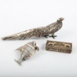Various silver, including model pheasant, fish pepperette, and elephant box, pheasant length 16cm,