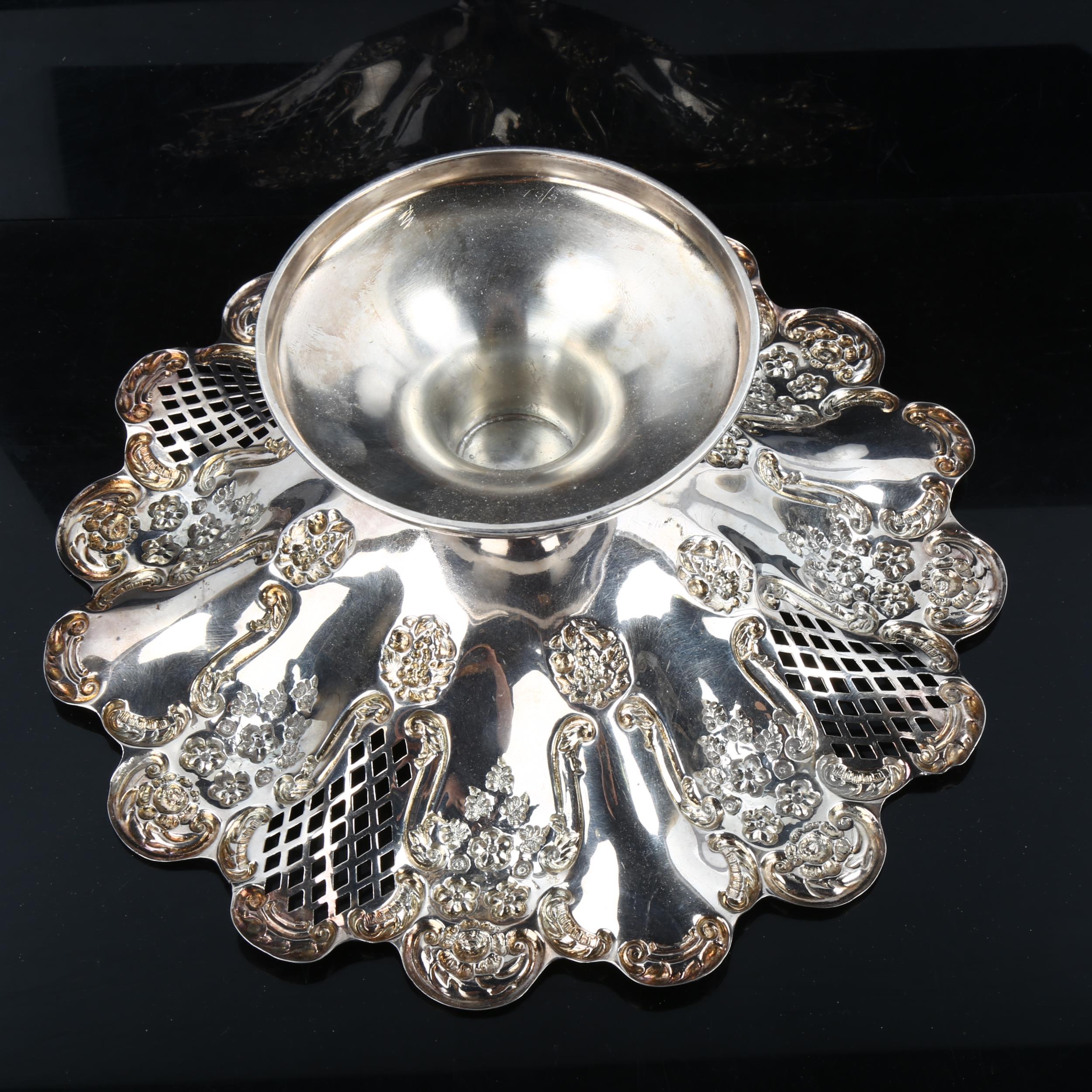 An Edwardian silver pedestal fruit bowl/tazza, with relief embossed floral and pierced lattice - Image 2 of 2