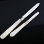 2 Antique silver mother-of-pearl handled fruit knives, hallmarks Sheffield 1898 and 1902, largest