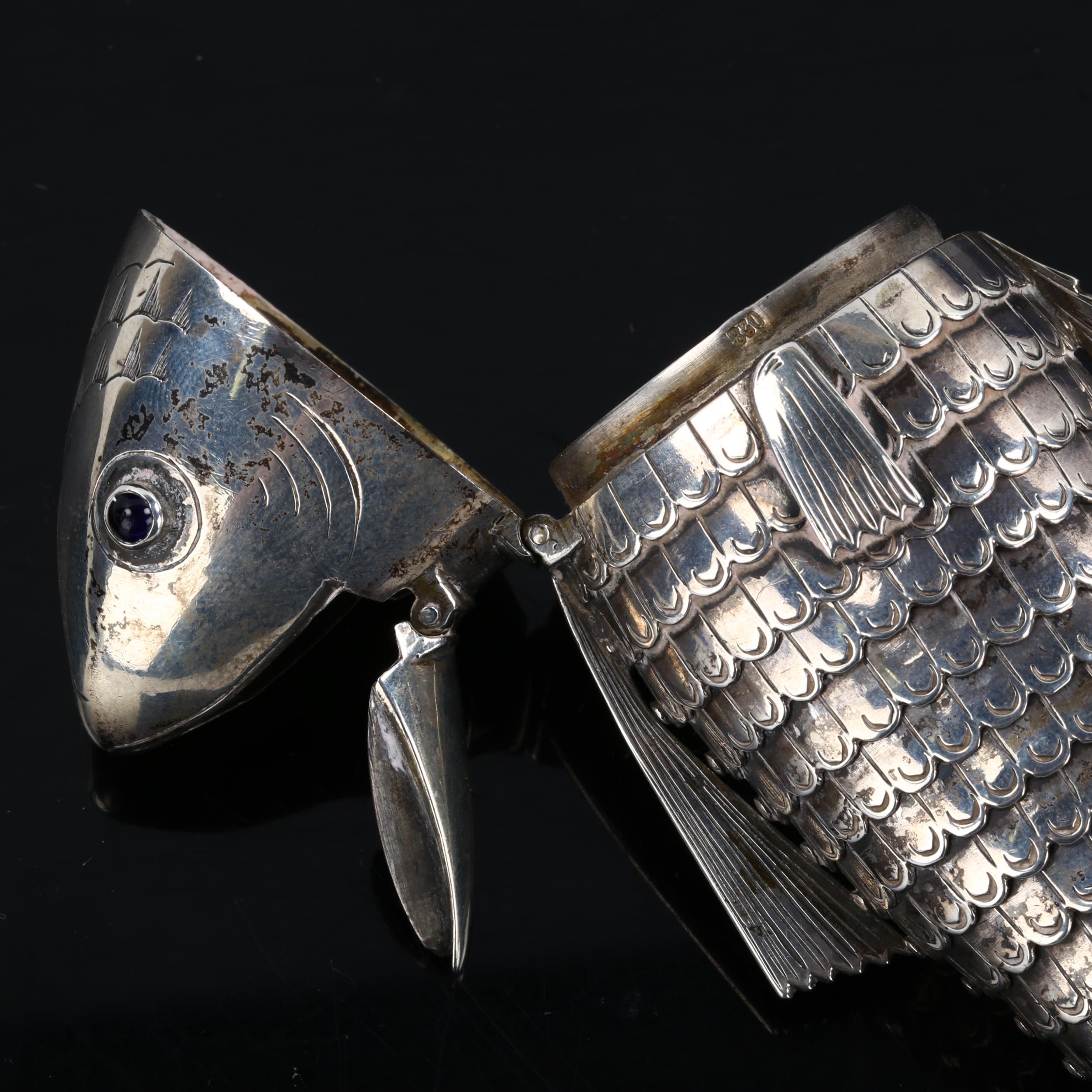 A Continental silver articulated fish box, with blue glass eyes and secondary mouth compartment, - Image 2 of 2