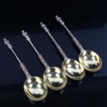 A set of 4 Victorian silver Apostle spoons, with spiral stem and gilded bowls, by Wakely &