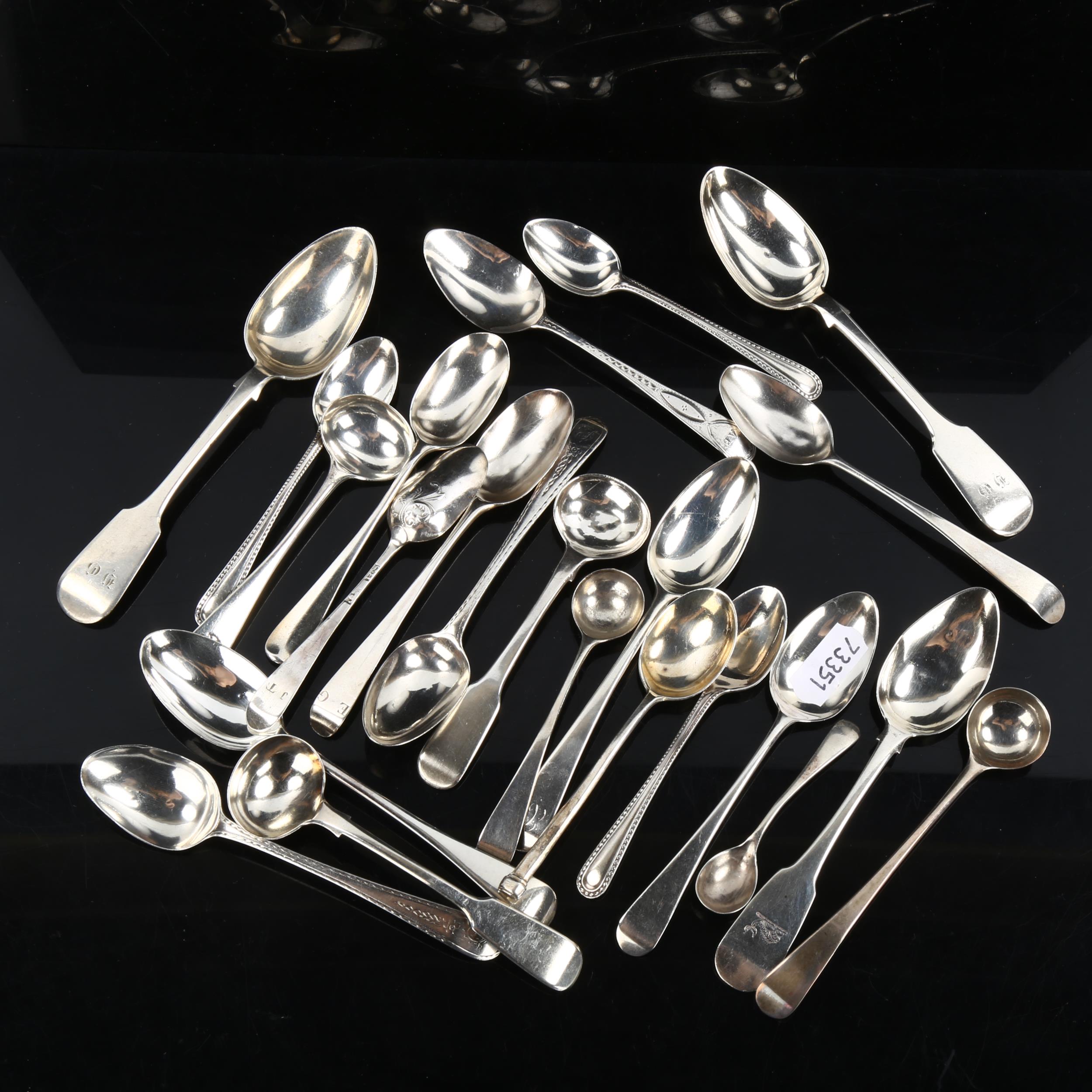 Various Antique silver spoons, including mustard and teaspoons, 9.5oz total Lot sold as seen