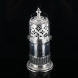 A late 17th century silver lighthouse sugar caster, relief embossed fluted decoration with