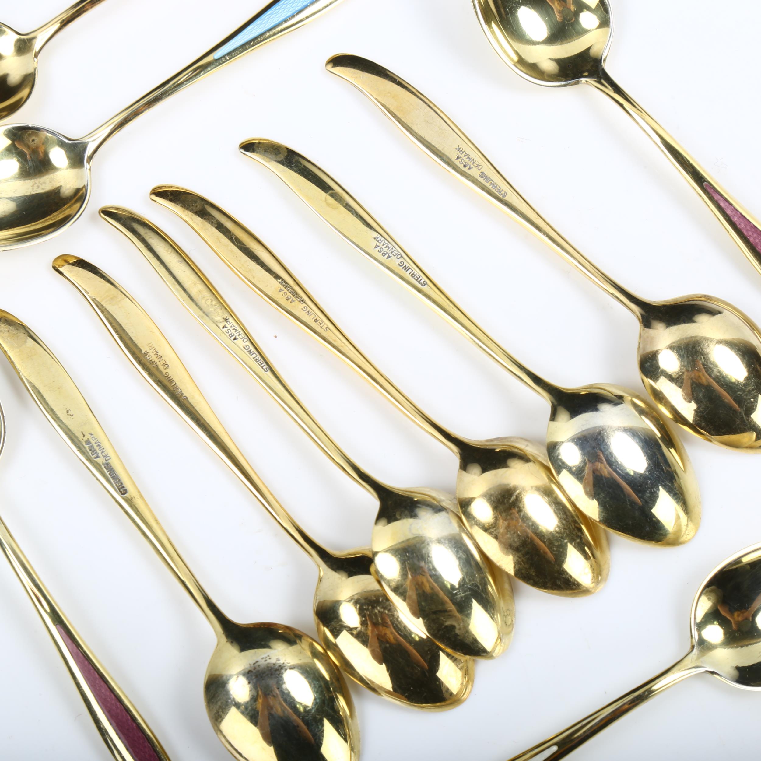 ABSA - a set of 12 Danish vermeil sterling silver and harlequin enamel coffee spoons, length 9cm - Image 2 of 2