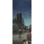 Japanese woodblock print, moonlit street scene, signed, image 37cm x 16cm, framed Good condition,