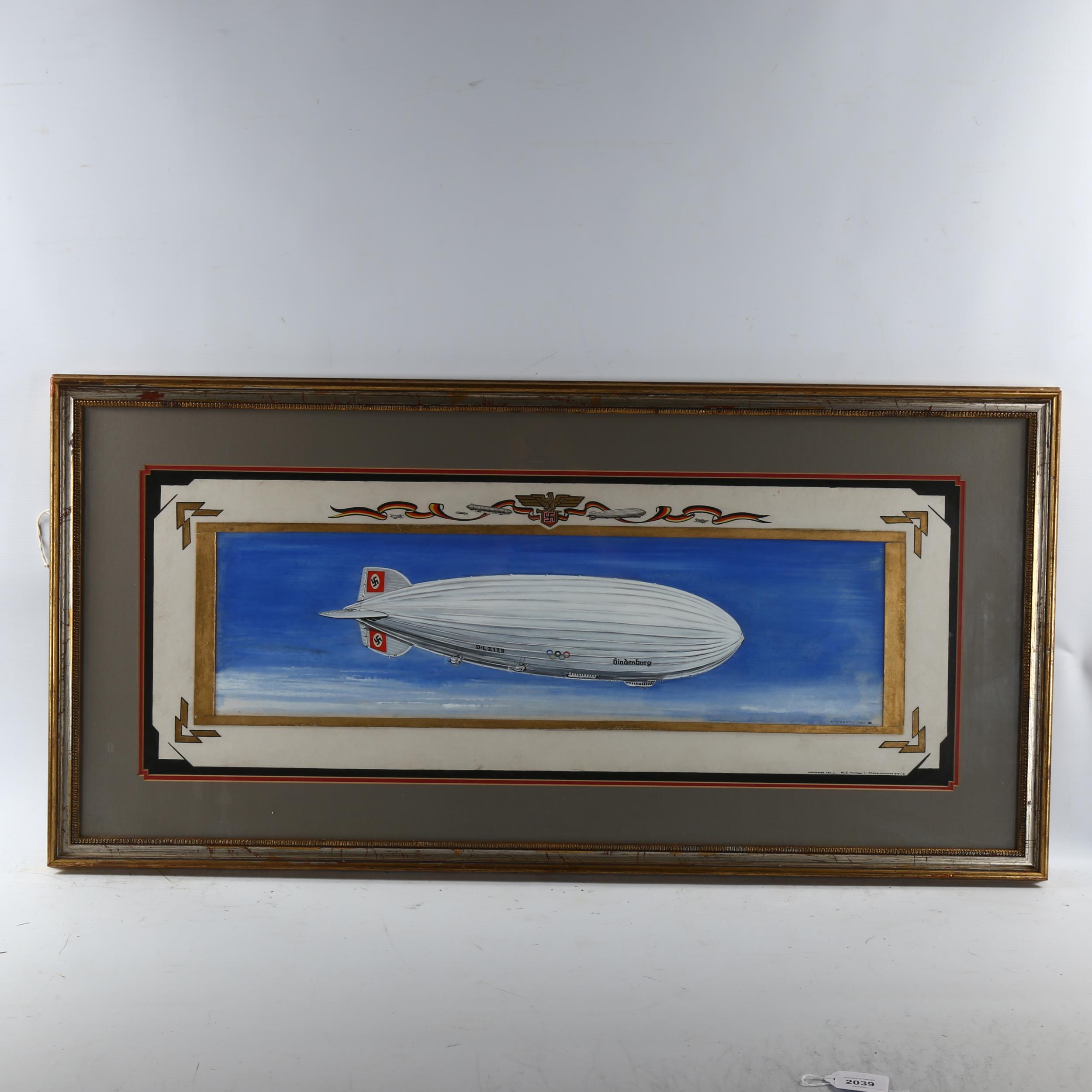M Hassel, watercolour/gouache, the airship Hindenburg, painted in Olympic livery, signed and dated