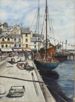 R M Baldwin, ink and watercolour, Brixham Harbour, 1964, 34cm x 25cm, framed