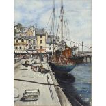 R M Baldwin, ink and watercolour, Brixham Harbour, 1964, 34cm x 25cm, framed