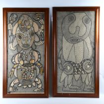 Pade Atinuke, pair of pen ink and watercolour drawings on canvas, abstract figures, signed, 85cm x