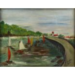G Gertler, oil on board, boating scene, signed and dated 1955, 19cm x 24cm, framed Good condition