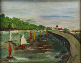 G Gertler, oil on board, boating scene, signed and dated 1955, 19cm x 24cm, framed Good condition