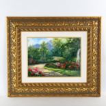 Wendy Schaefer Miles, contemporary oil on canvas, garden scene, artist information verso, in