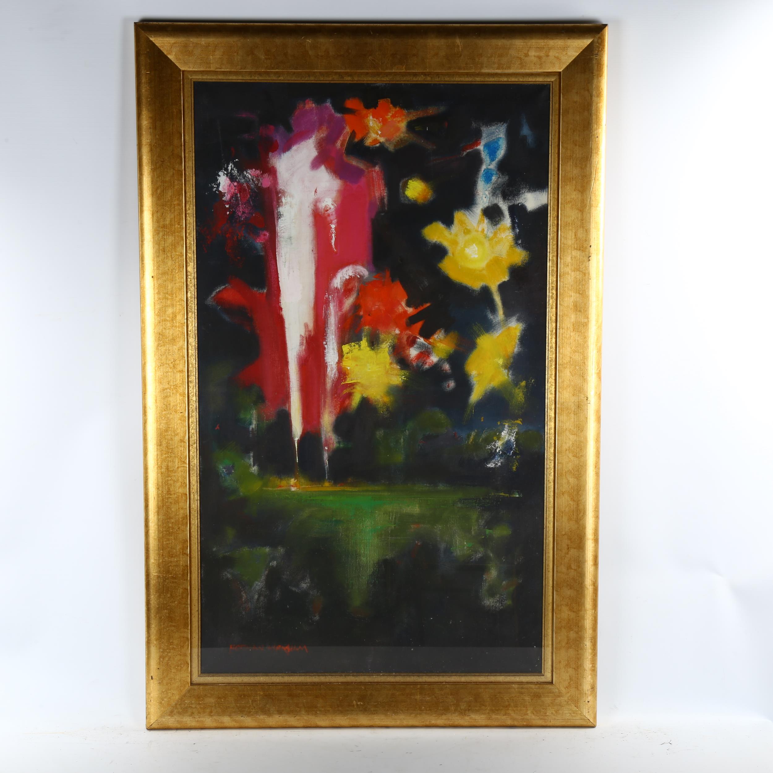 Norman Kirkham, oil on canvas, fireworks 2002, 34" x 20", framed Very good condition - Image 2 of 4