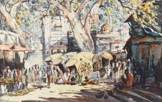 R Guvindarai, watercolour, Indian street scene, signed, 35cm x 55cm, framed Good condition, mount