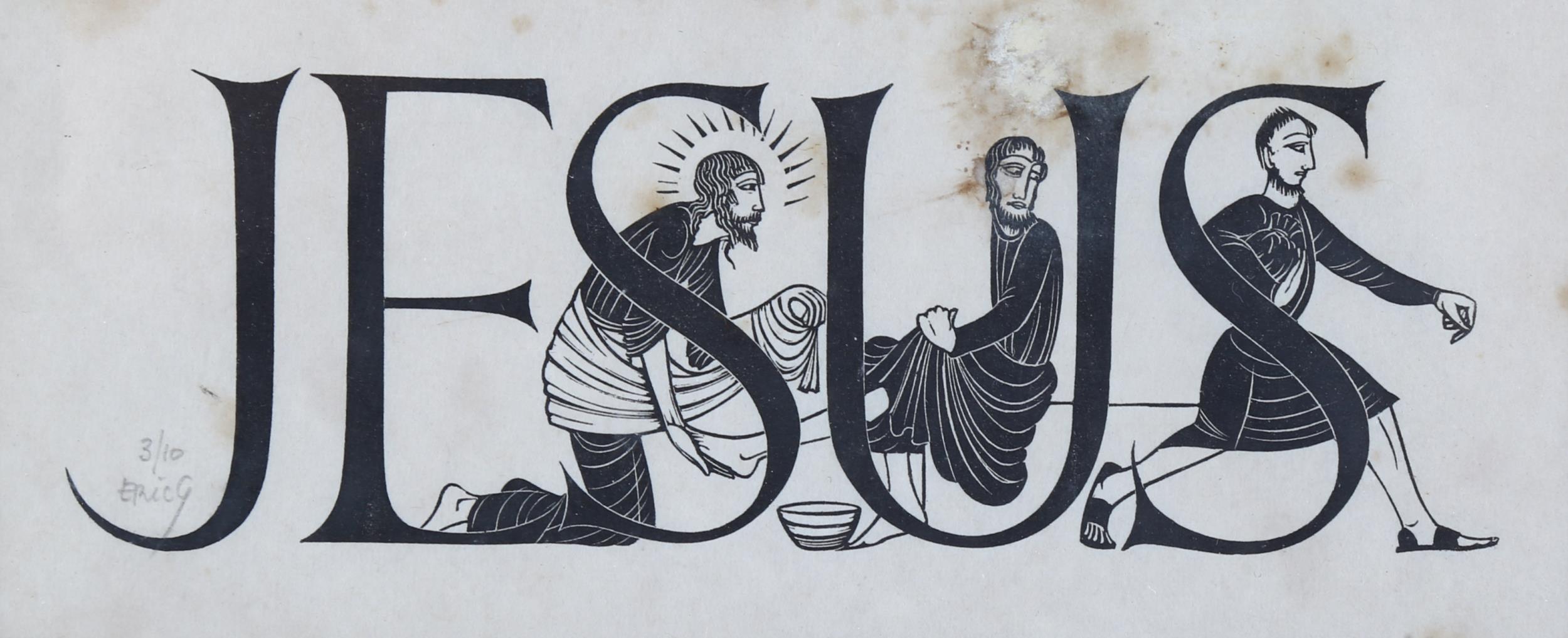 Eric Gill, woodblock print, Jesus, signed in pencil, no. 3/10, 8cm x 20cm Damp stain along top