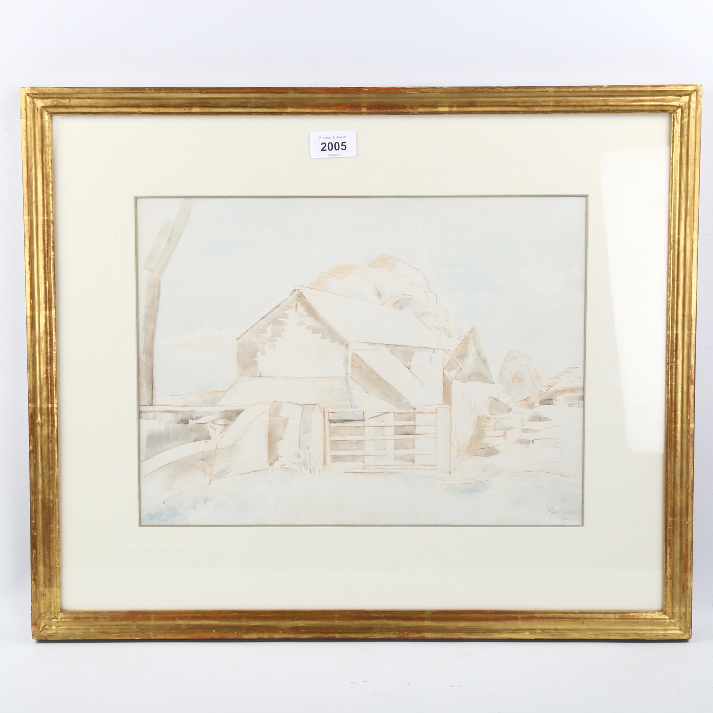 Paul Nash (1889 - 1946), watercolour/conte crayon on paper, farm buildings, signed and dated 1925, - Image 3 of 4