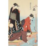 Toru Kiyonaga, woodblock print, ladies beside a river, signed, image 38cm x 24cm, framed Very slight
