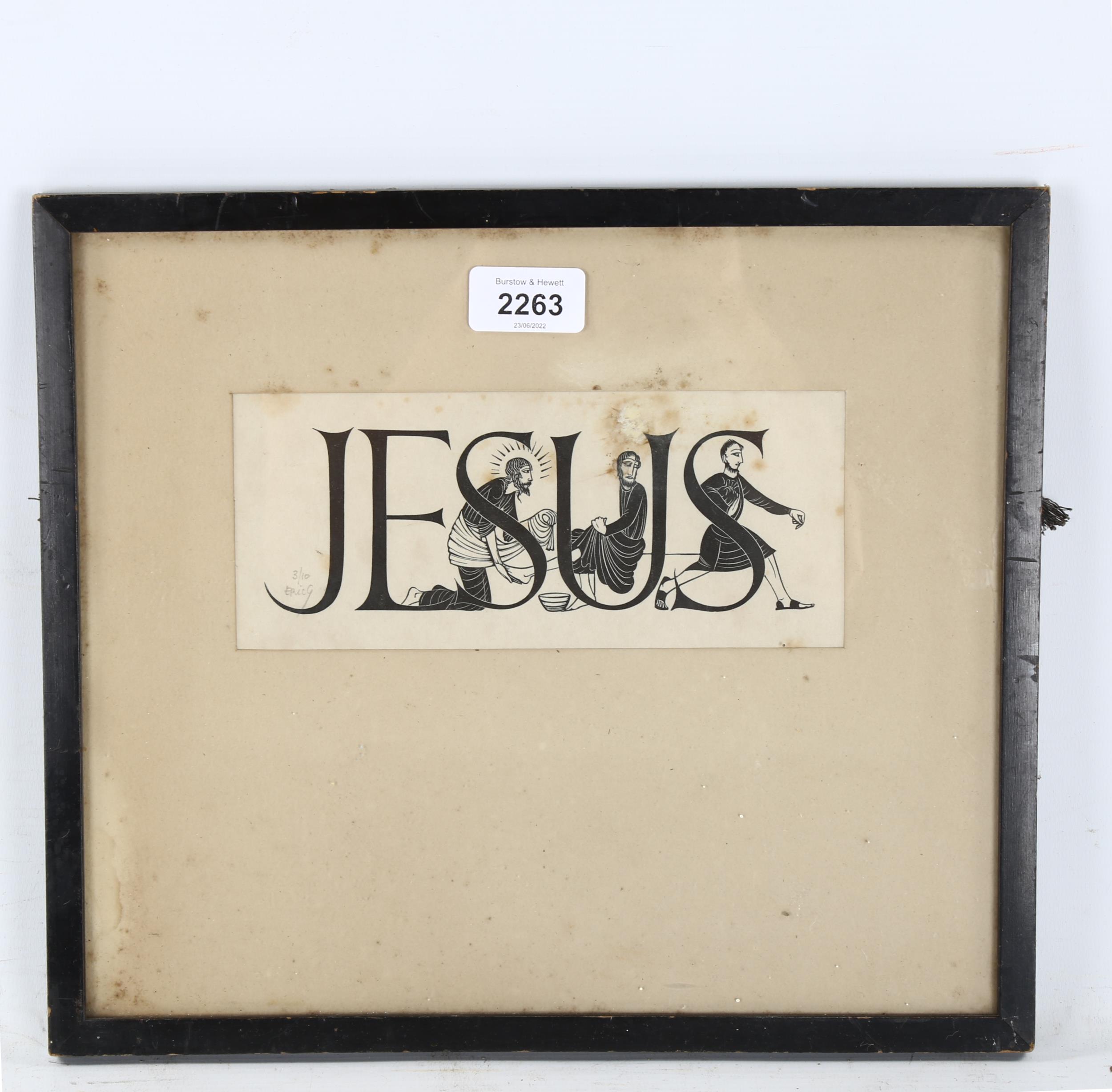 Eric Gill, woodblock print, Jesus, signed in pencil, no. 3/10, 8cm x 20cm Damp stain along top - Image 2 of 4