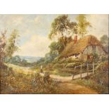 19th/20th century oil on board, cottage in a landscape, unsigned, 26cm x 36cm, framed Good