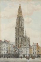 Pencil and watercolour, cathedral tower Antwerp, signed with monogram JMR, dated 1893, 45cm x