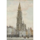 Pencil and watercolour, cathedral tower Antwerp, signed with monogram JMR, dated 1893, 45cm x