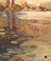 H E Kuckein (1930 - 2015), oil on canvas, the pond at Deadpine, inscribed verso, 35cm x 30cm,