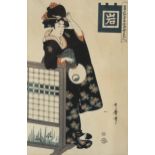 Kitagawa Utamaro, Japanese woodblock print, woman beside a screen, published by Tsutaya Juzaburo,