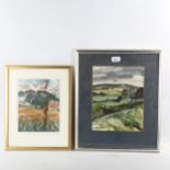Robert Greenhalf, watercolour landscape, 29cm x 23cm, and coloured etching by the same artist,