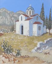 Geoffrey Lintott, watercolour/gouache, Greek church in the mountains, signed and dated 1951, 29cm