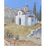 Geoffrey Lintott, watercolour/gouache, Greek church in the mountains, signed and dated 1951, 29cm