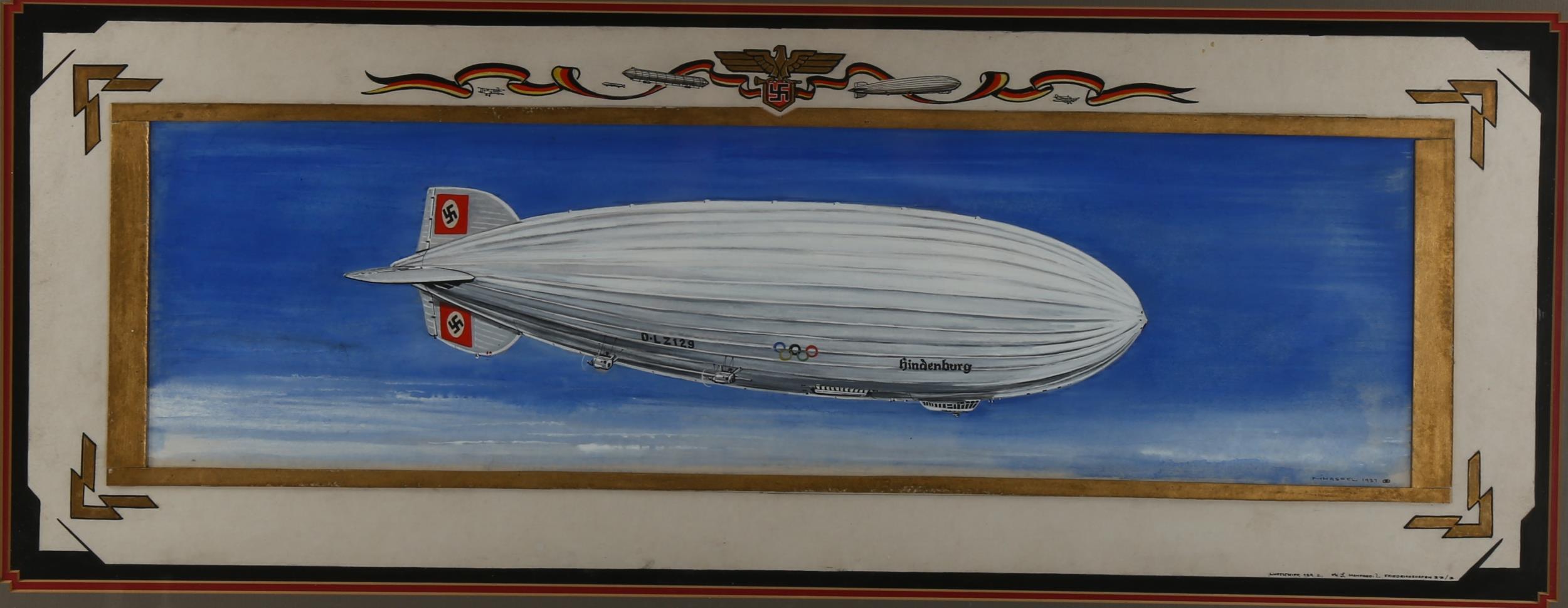 M Hassel, watercolour/gouache, the airship Hindenburg, painted in Olympic livery, signed and dated - Image 2 of 3