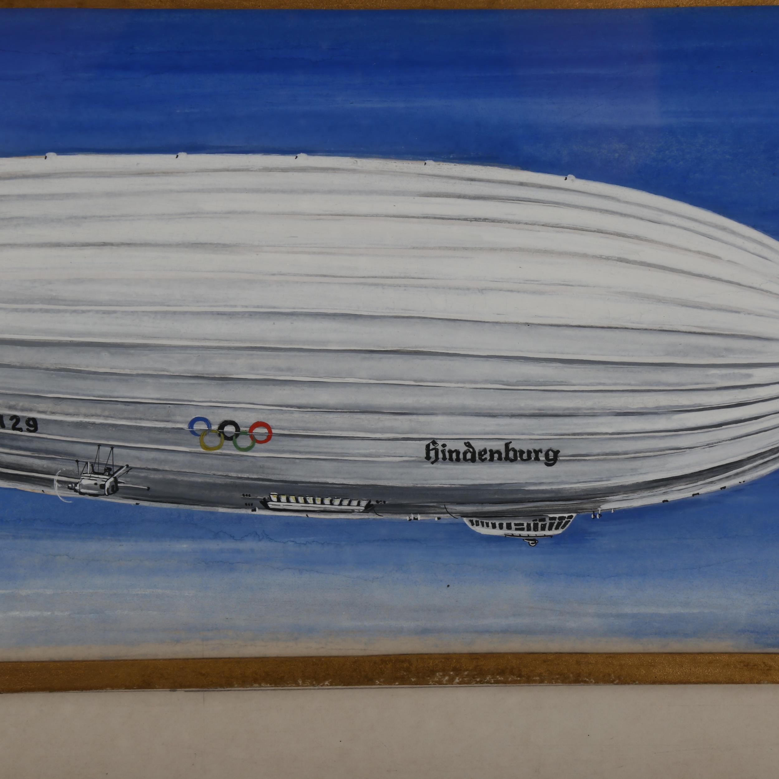 M Hassel, watercolour/gouache, the airship Hindenburg, painted in Olympic livery, signed and dated - Image 3 of 3