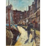 Roger Dellar (Wapping Group), oil on board, quayside scene, 29cm x 22cm, framed Good condition