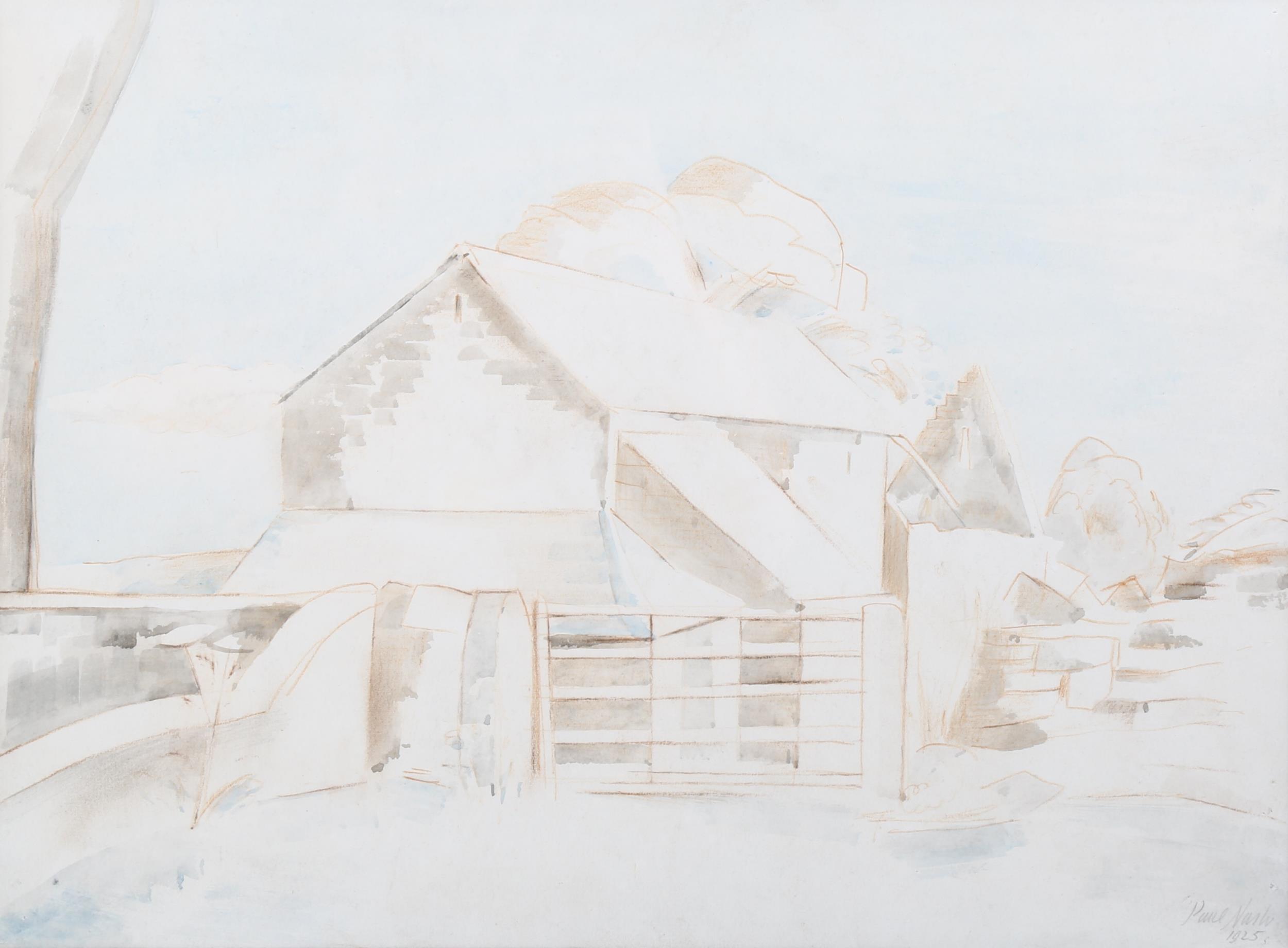 Paul Nash (1889 - 1946), watercolour/conte crayon on paper, farm buildings, signed and dated 1925,