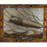 A reverse painting behind glass depicting a German zeppelin, probably mid-20th century, with