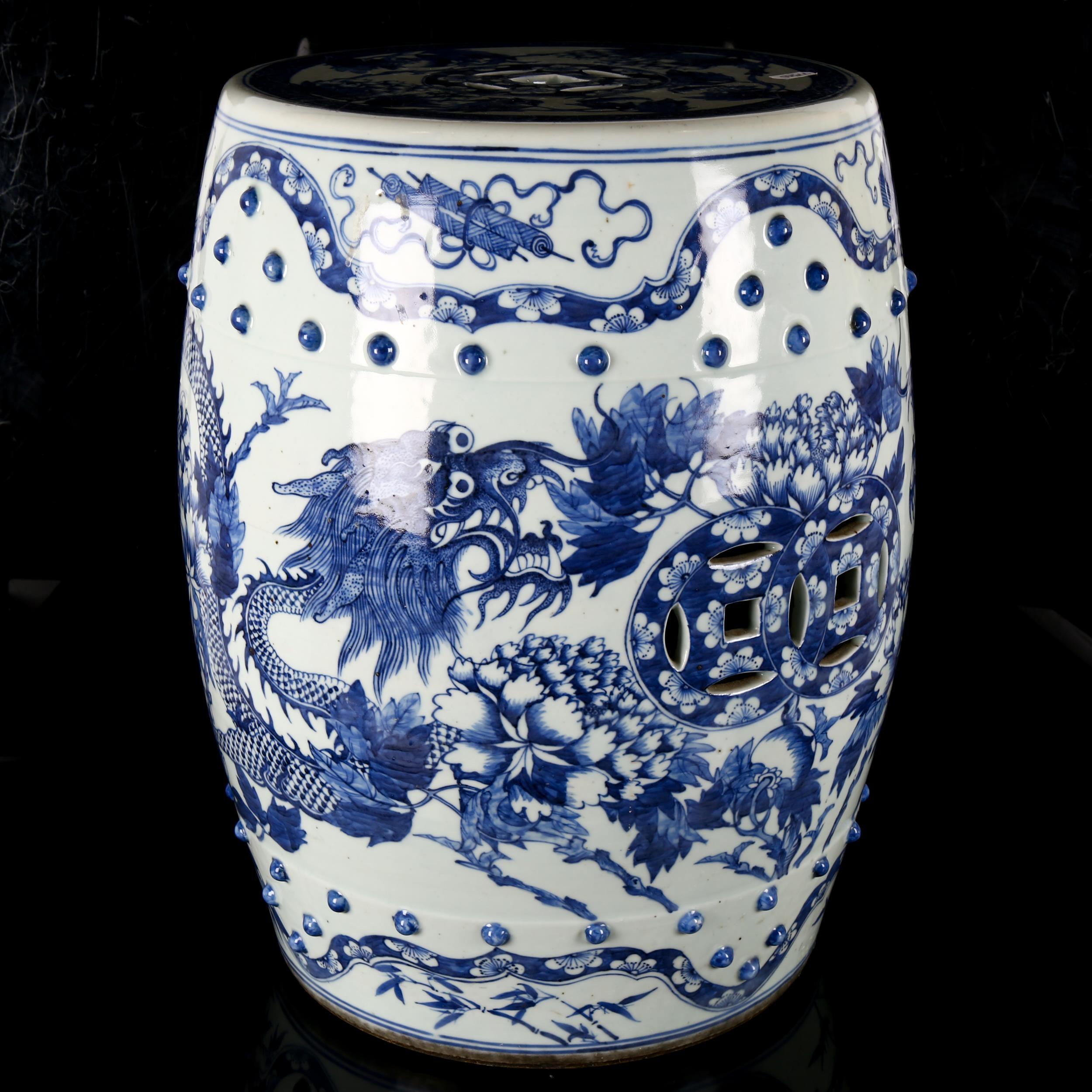 A Chinese blue and white 'Dragon' garden barrel seat, 19th century, underglaze blue decorated with - Image 3 of 10