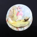 A 19th century French enamel on metal powder box, hand painted lid depicting a woman with child