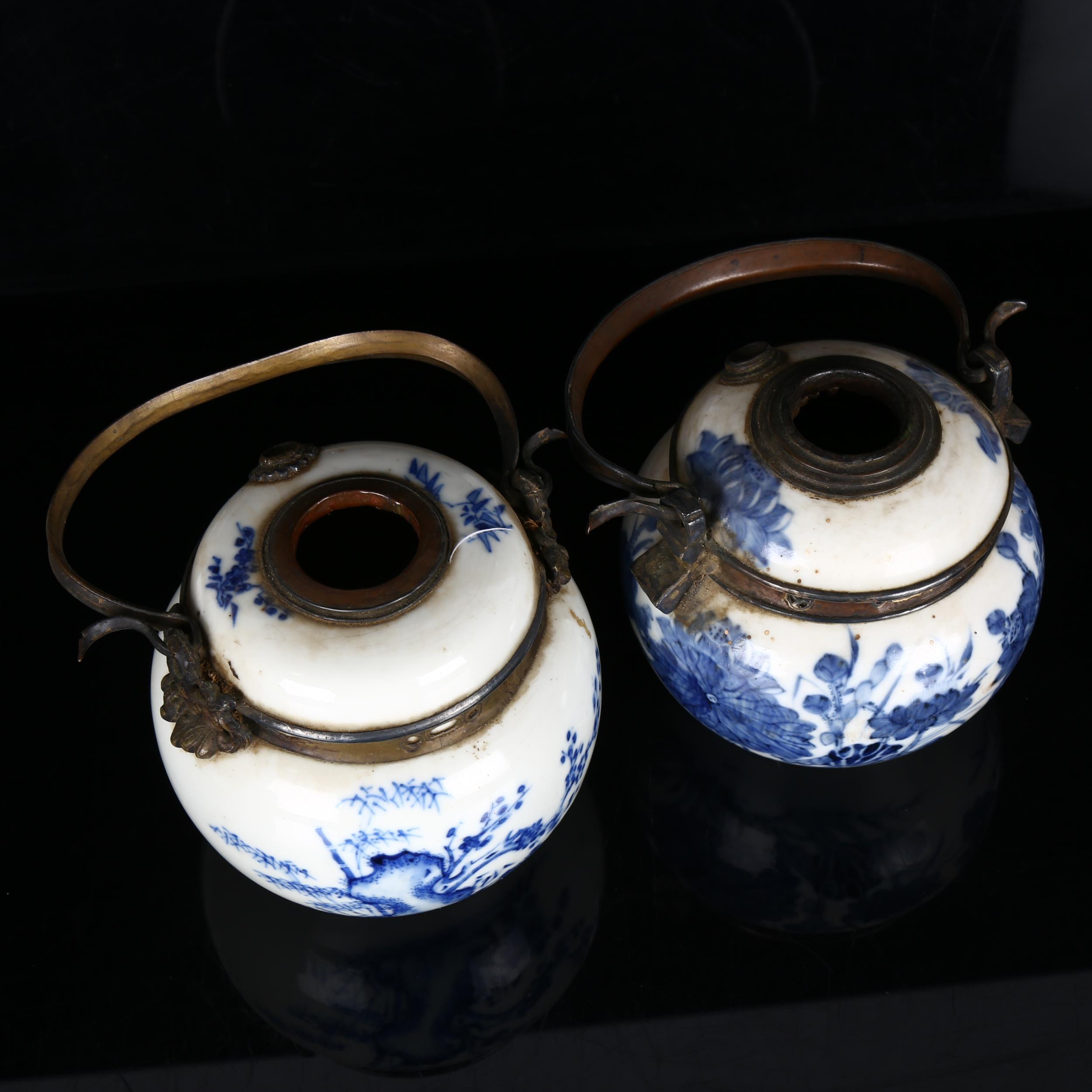 2 Chinese blue and white opium pipe pots, with metal mounts and marks on bases, height excluding - Image 9 of 9