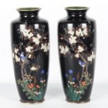 A pair of fine Japanese cloisonne enamel vases, Meiji Period, with fine silver wirework inlay