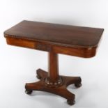 19th century Gillows style Goncalo Alves fold over card table, on shaped platform base, length