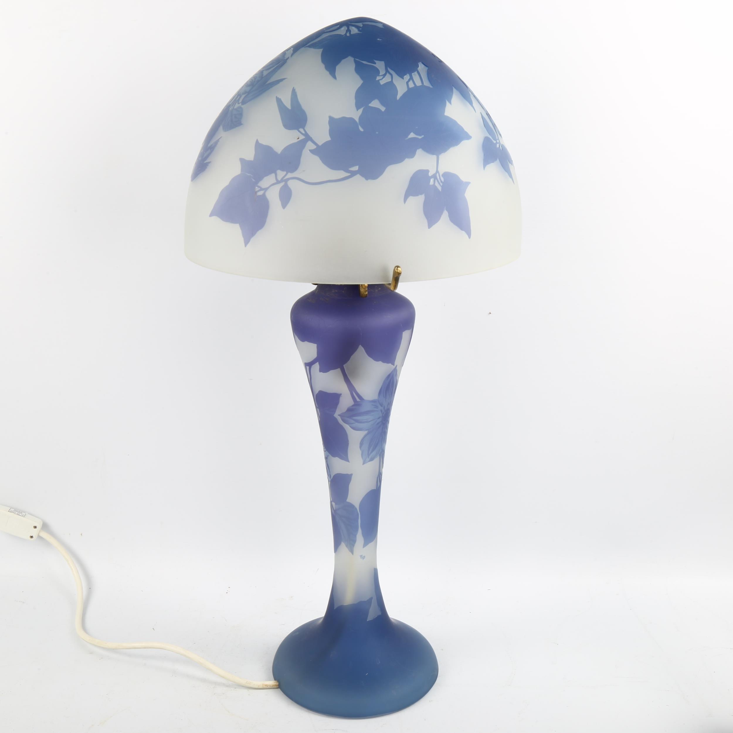 Czechoslovakian cameo glass table lamp and shade in the style of Galle, height 60cm Good