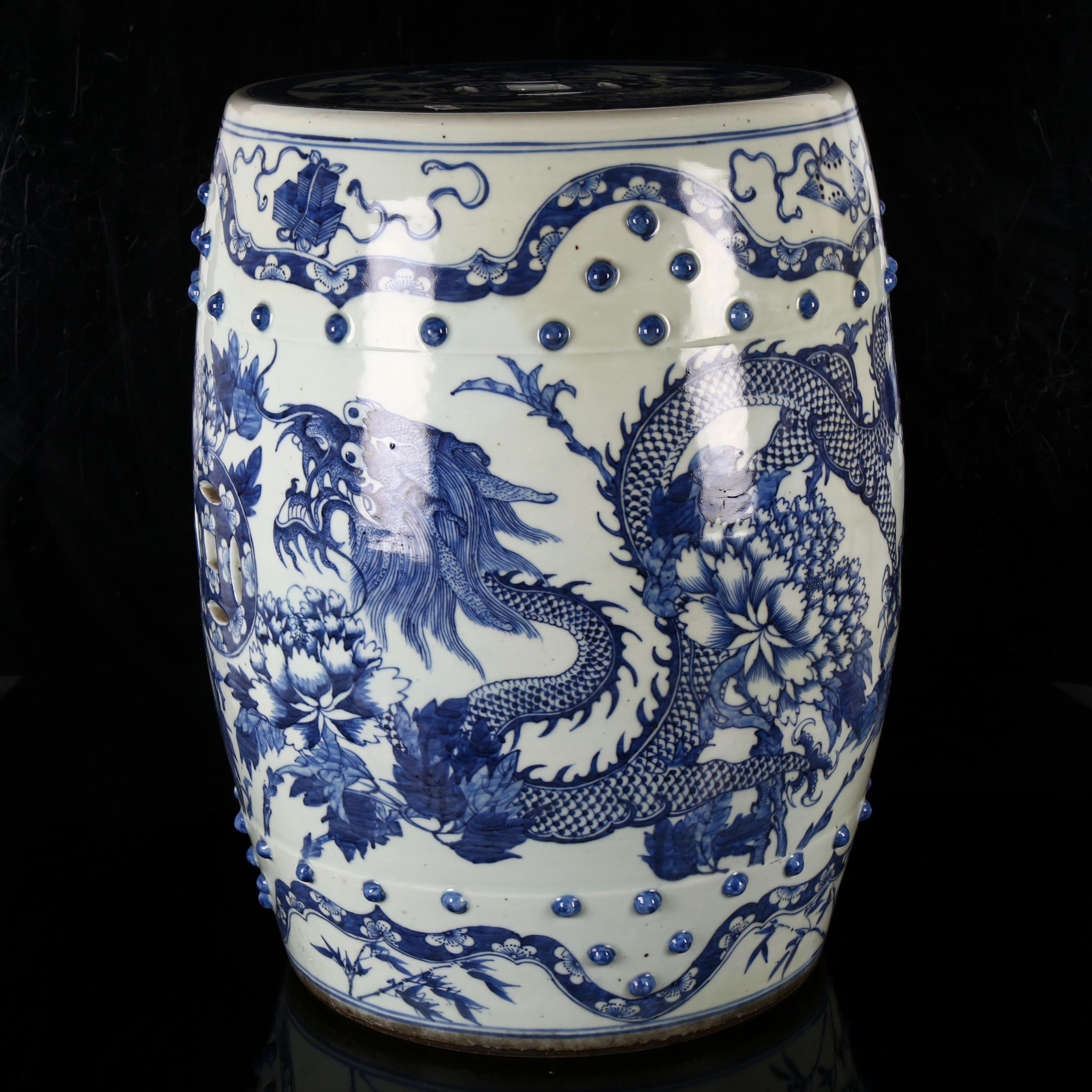 A Chinese blue and white 'Dragon' garden barrel seat, 19th century, underglaze blue decorated with - Image 4 of 10