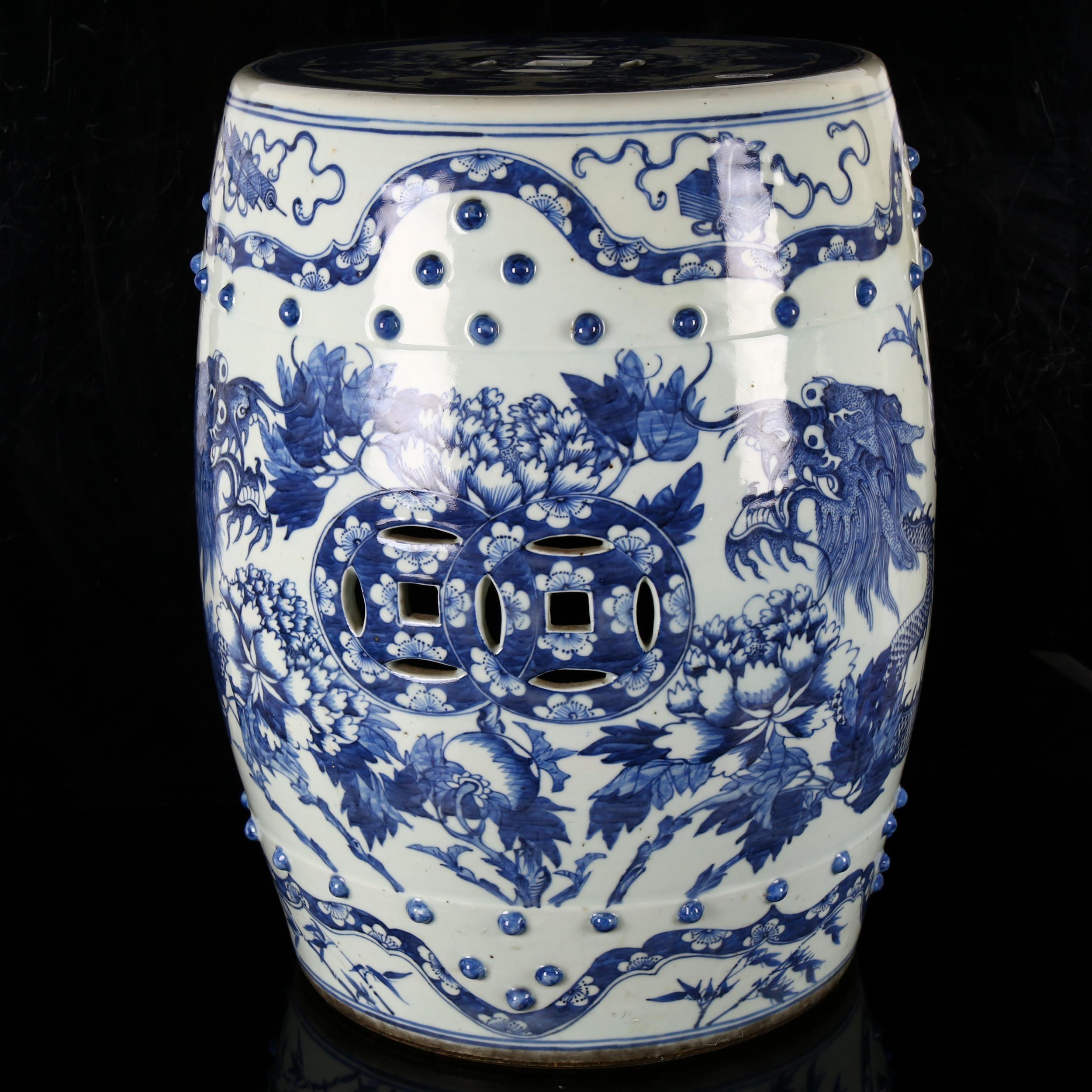 A Chinese blue and white 'Dragon' garden barrel seat, 19th century, underglaze blue decorated with - Image 2 of 10