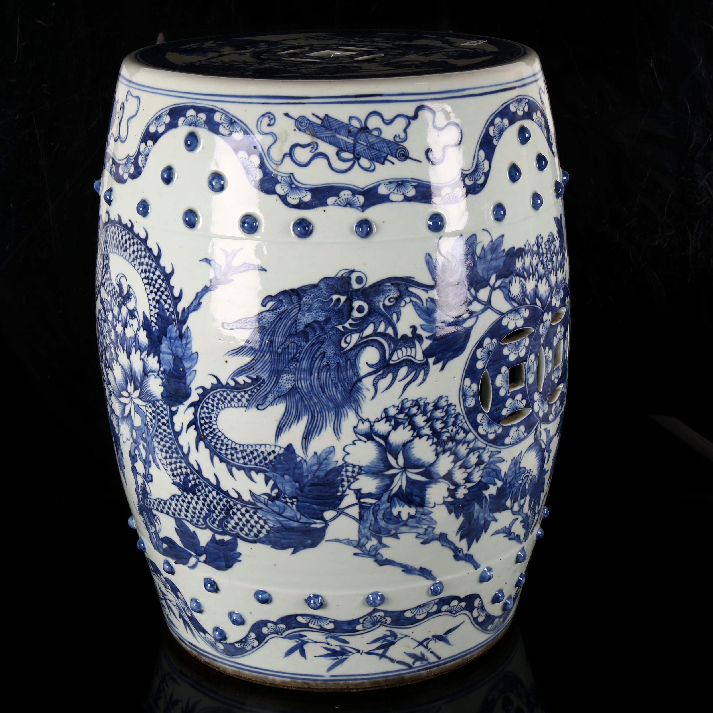 A Chinese blue and white 'Dragon' garden barrel seat, 19th century, underglaze blue decorated with - Image 7 of 10
